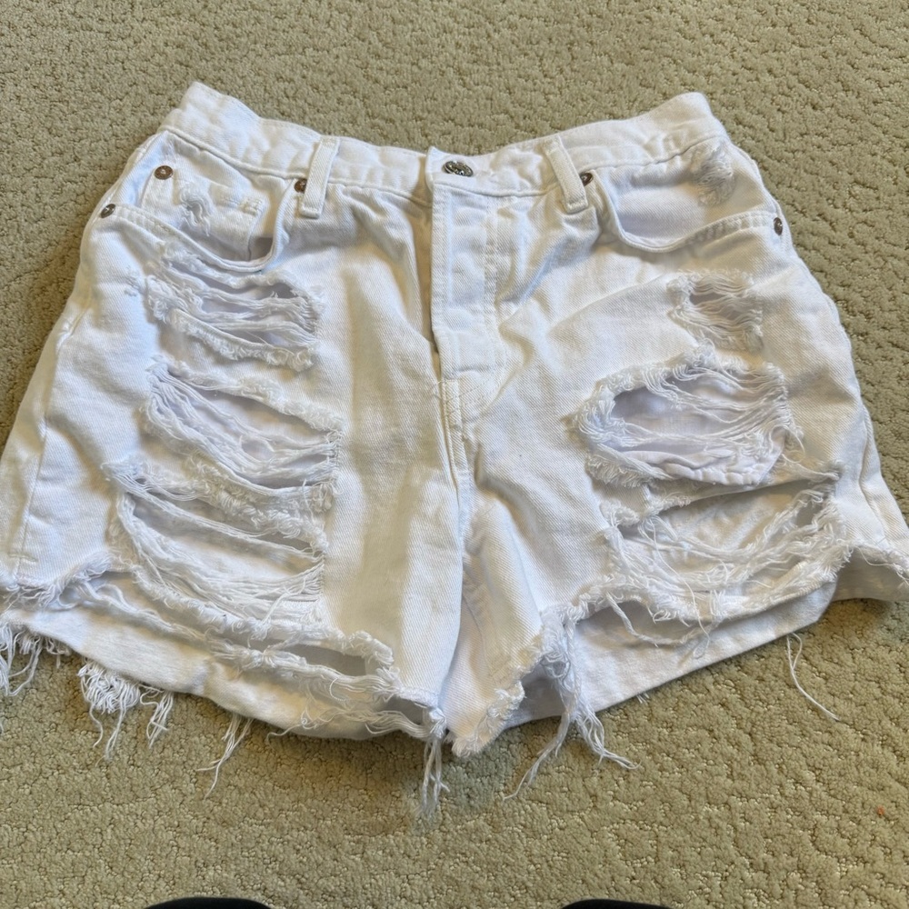 We The Free Distressed Ripped White Denim Jean Shorts Button Fly